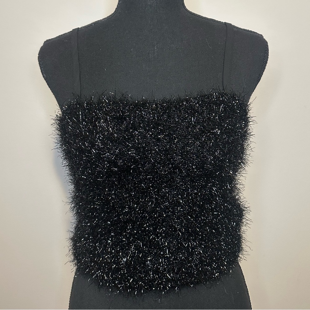 Black Fluffy Shimmer Crop Top